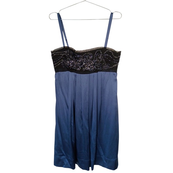BCBGMAXAZRIA Blue Silk Dress Black Beaded Straps Party Cocktail Mini - Picture 1 of 15